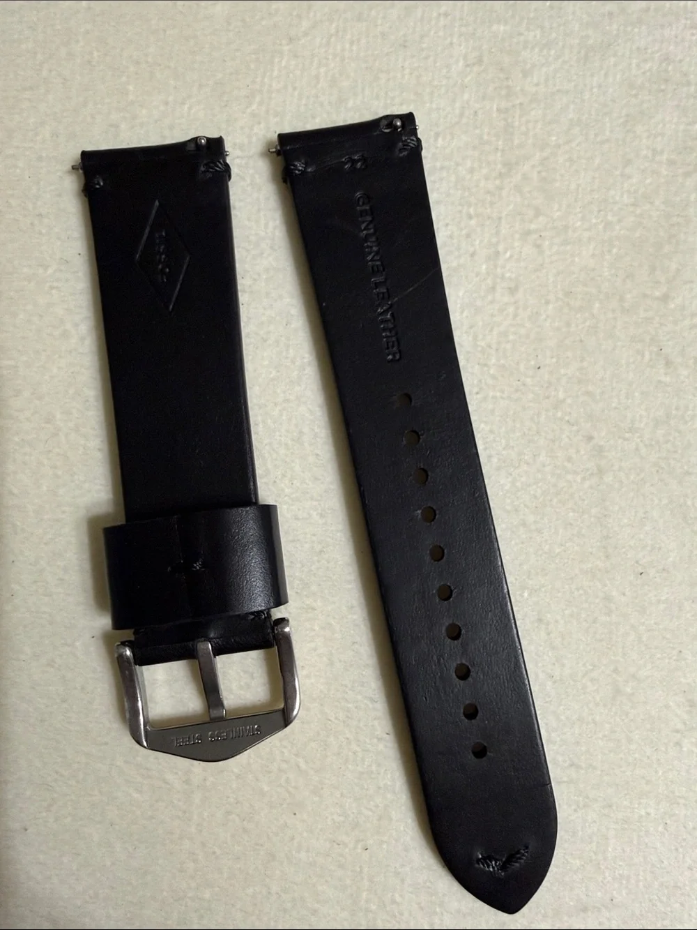 22mm Black Leather Watch Band with Stainless Steel Buckle